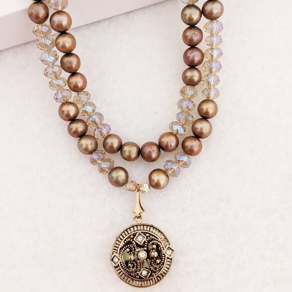 Handmade Double Strand Gold Pearl and Crystal Necklace with Photo Locket - Picture 2 of 7